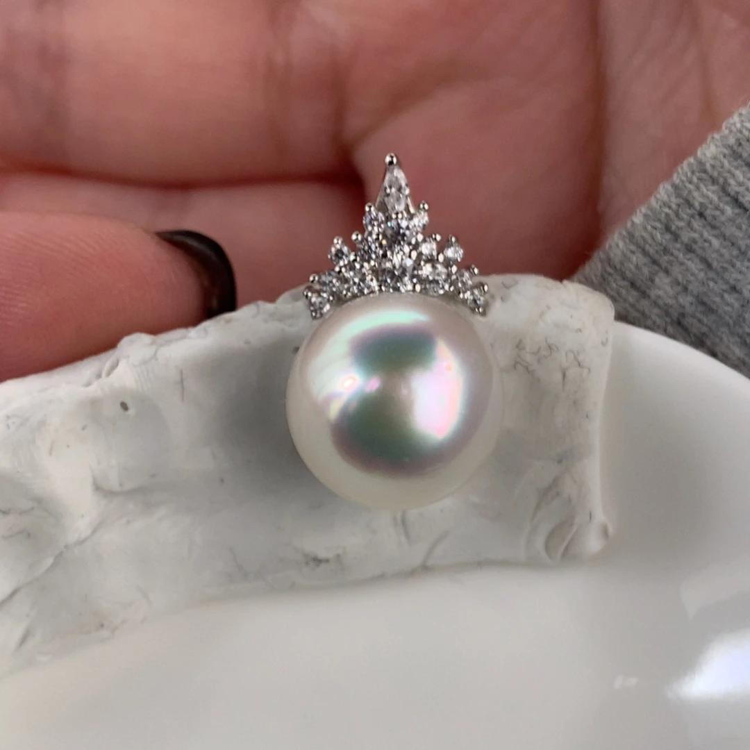 定制海水珍珠银S925镶嵌裸珠炫彩宝石光澳白12-13