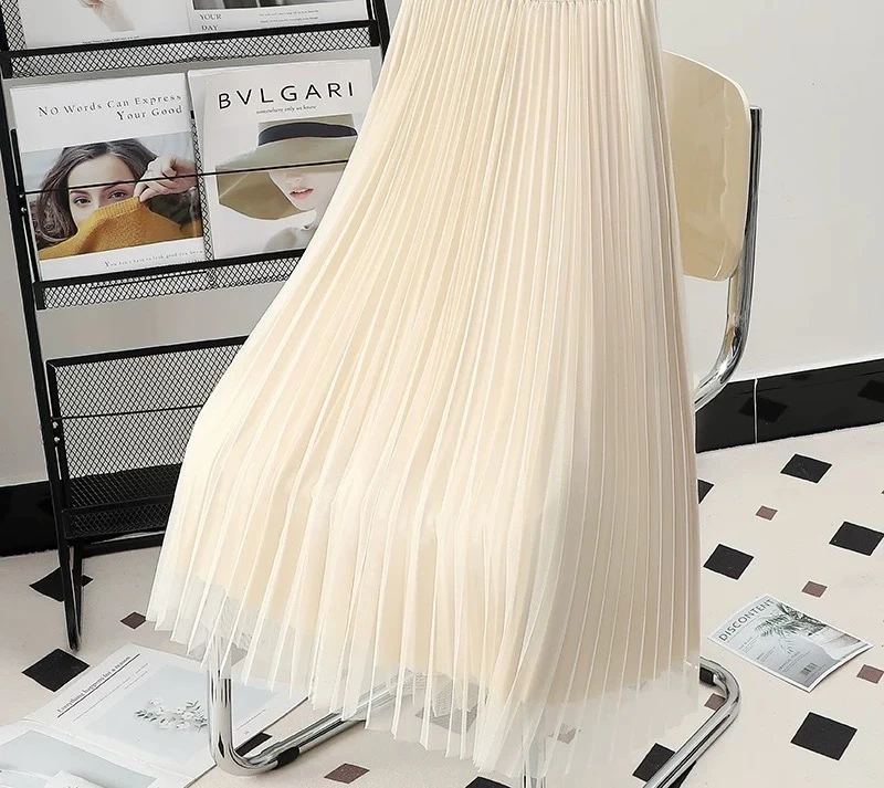 9279 纱裙半身裙女杏色2025新款高腰松紧腰网纱裙百褶裙