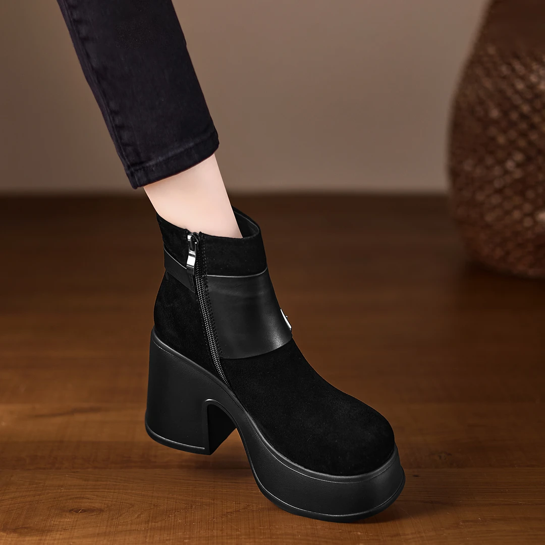 小个子手工女鞋10cm~厚底磨砂加绒短靴2025新款高跟鞋英伦马丁靴