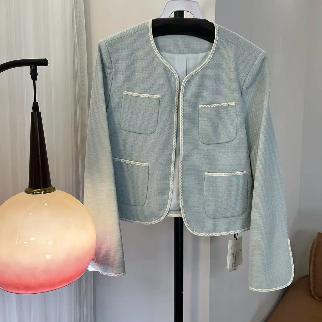 小香风百搭四口袋蓝色外套 HTA006