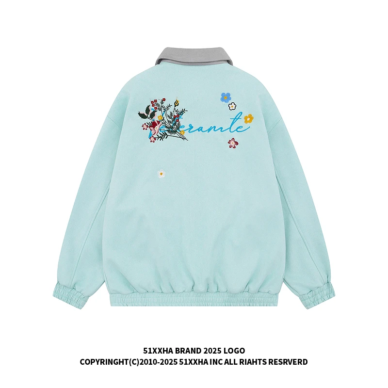 51嘻哈vintage美式复古花卉刺绣翻领外套男女宽松学院风情侣夹克