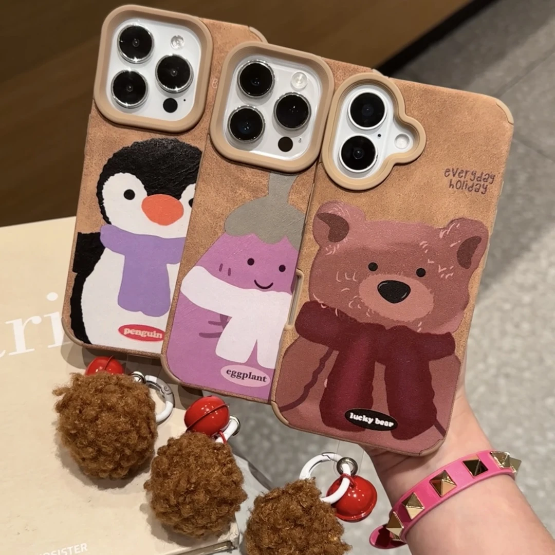 雅天立秋冬麂皮企鹅小熊适用苹果17铃铛手机壳vivo华为pppo小米15