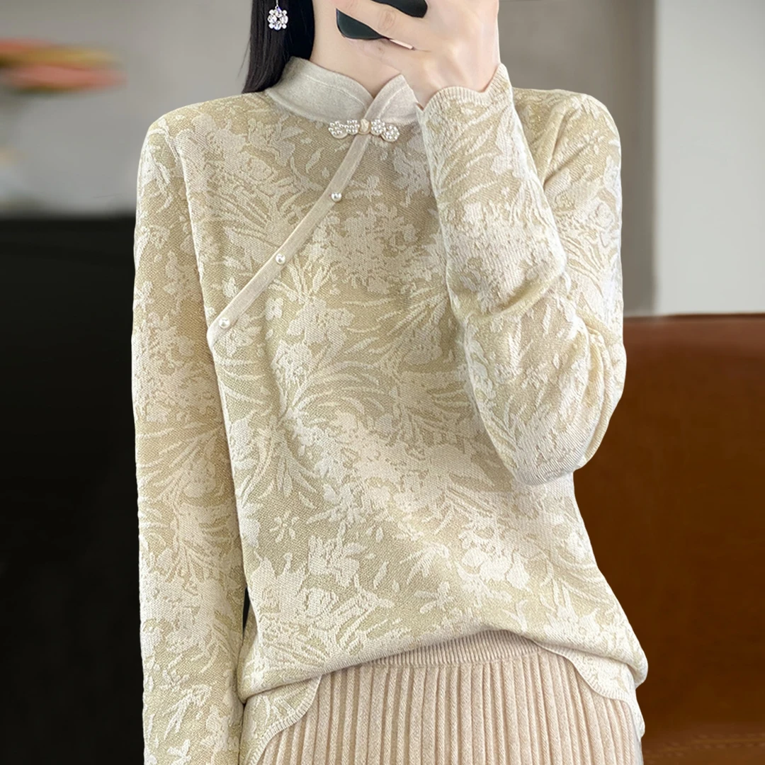 拉夏贝尔国风立领提花针织打底衫女秋冬2025新款复古长袖百搭毛衣