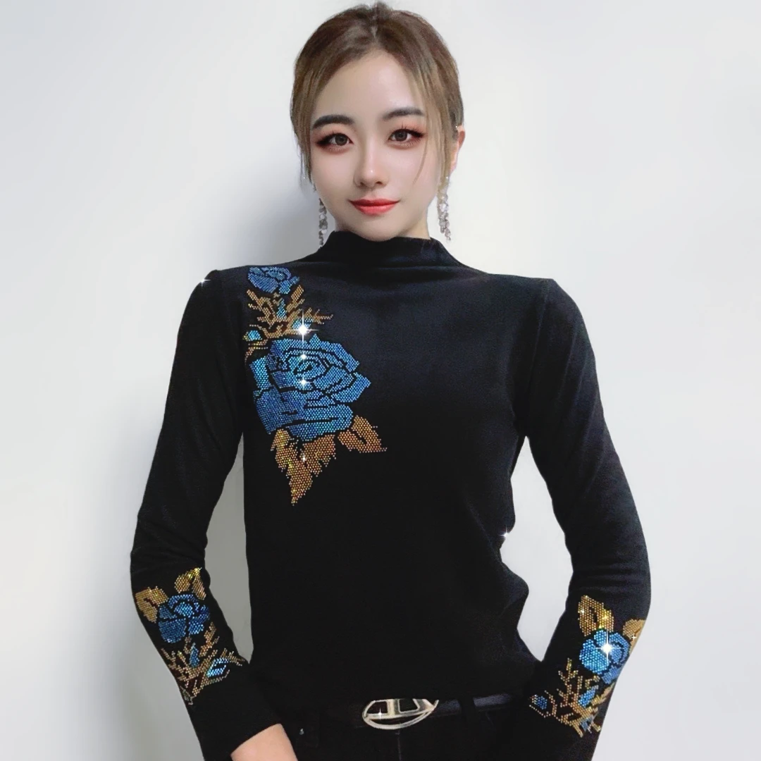 【冬季上新】玫瑰夫人打底衫女装欧货半高领重工烫钻长袖T恤上衣女
