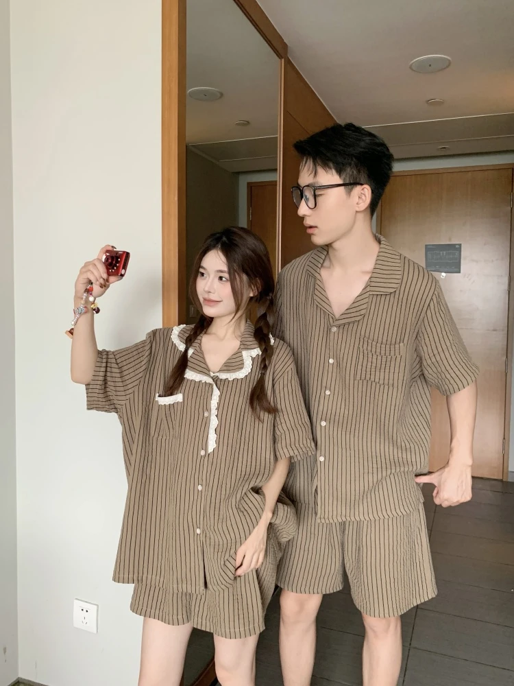 情侣甜美蕾丝花边纯棉棉纱布睡衣套装夏季宽松条纹短袖短裤家居服