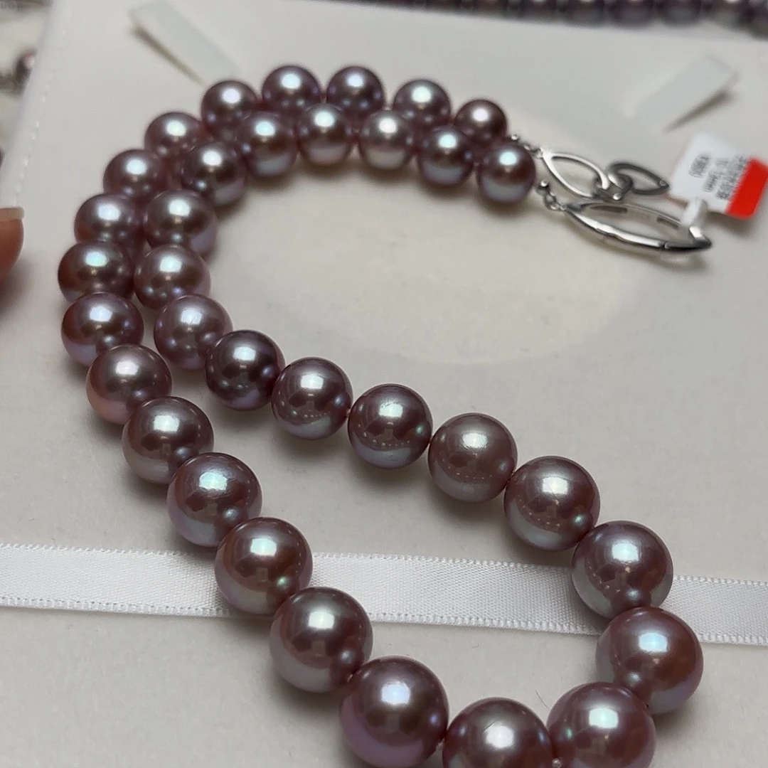 银S925镶嵌颈饰淡水珍珠10-13正圆浅紫绿