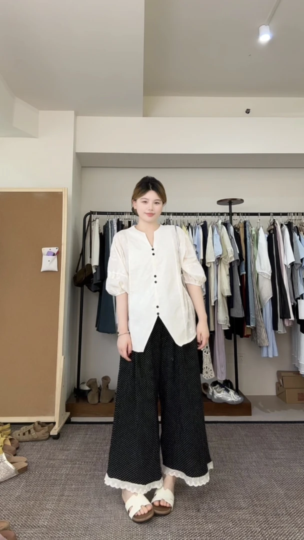 夏季大码短袖上衣温柔风宽松显示舒适波点松紧抽绳裤套装两件套