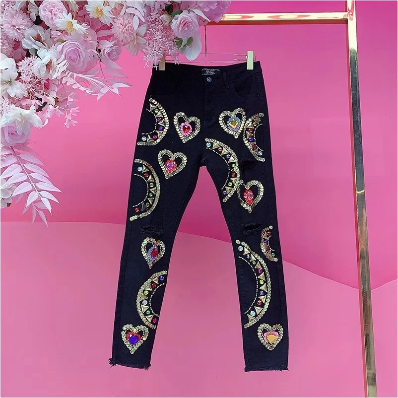 A2261欧美设计师2025夏季新款重工彩色钉钻刺绣做破小脚牛仔裤女