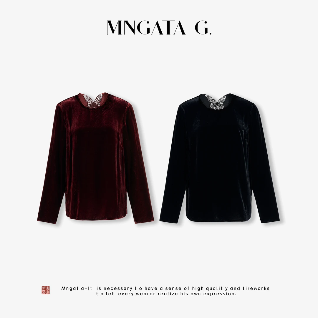 MNGATA G.宫小妍【真丝·镂空蝴蝶】新中式中国风秋冬上衣5080315