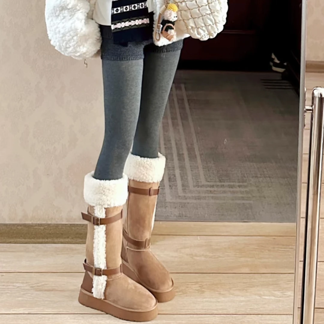 女款冬季新款厚底增高纯色小牛皮鞋面羊皮内里休闲风防滑舒适软底