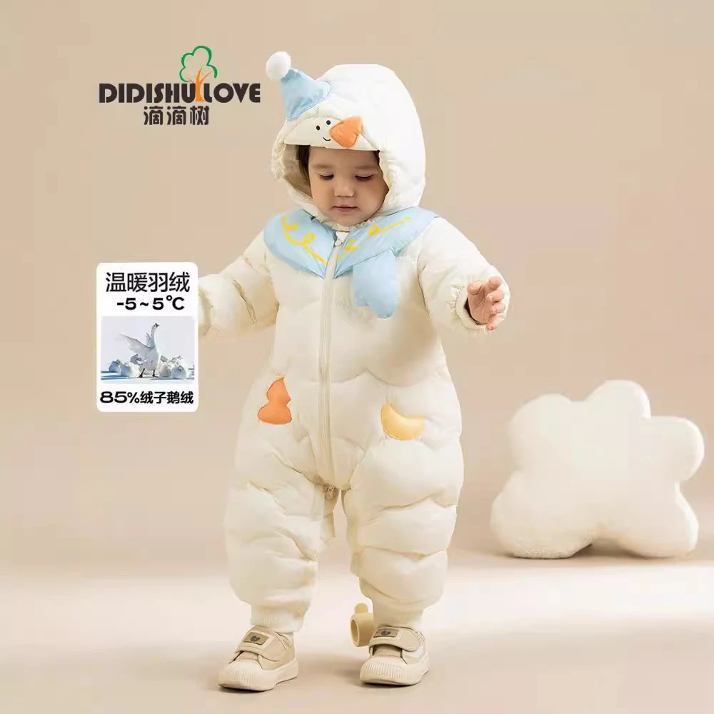 小雪人造型连帽云绒朵连体衣婴儿宝宝冬装外出哈衣爬服2024款24D0