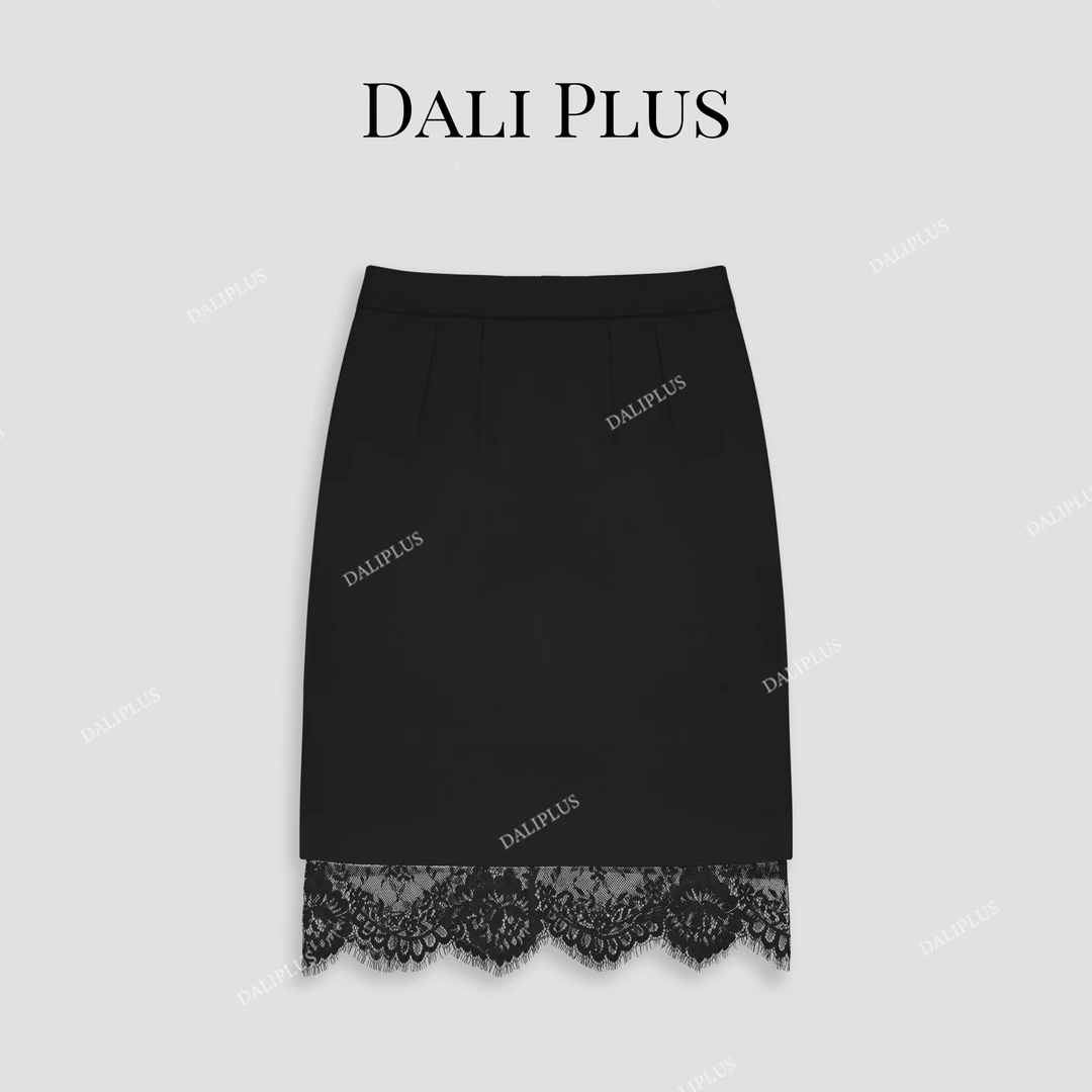 DALI PLUS重磅羊 毛呢半裙 拼接菜百蕾丝设计包臀裙-D4ST0275