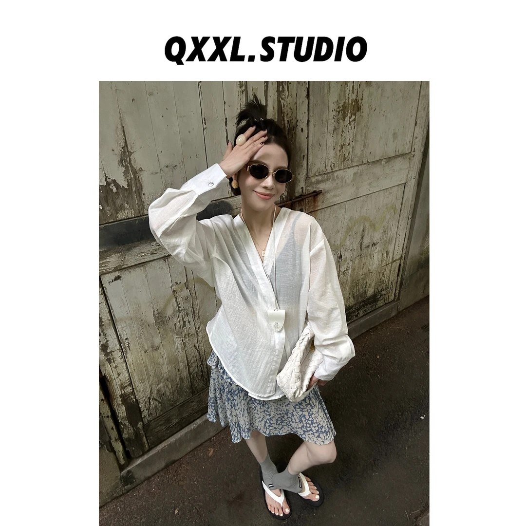 邱小小丽呀 夏款老钱风V领长袖衬衣 百搭宽松慵懒松弛感上衣女