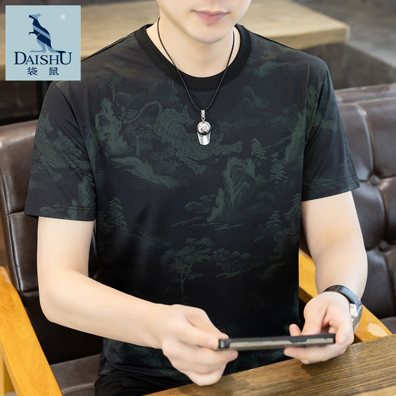 Dai Shu/袋鼠男士冰丝短袖T恤潮牌2025夏季新款时尚休闲体恤衫