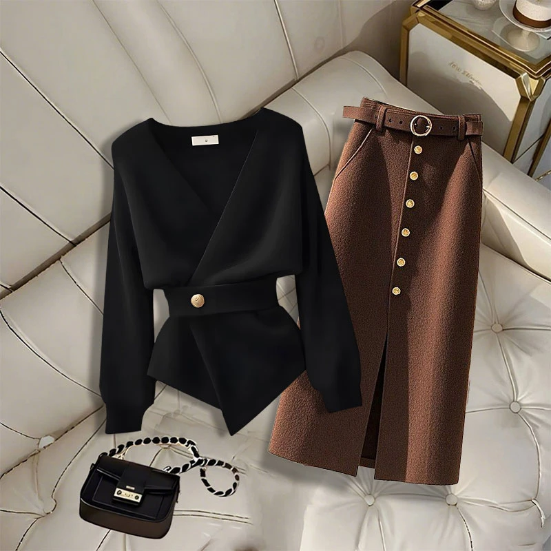 秋冬气质穿搭一整套女时尚百搭针织衫毛衣设计感半身裙高级感套装