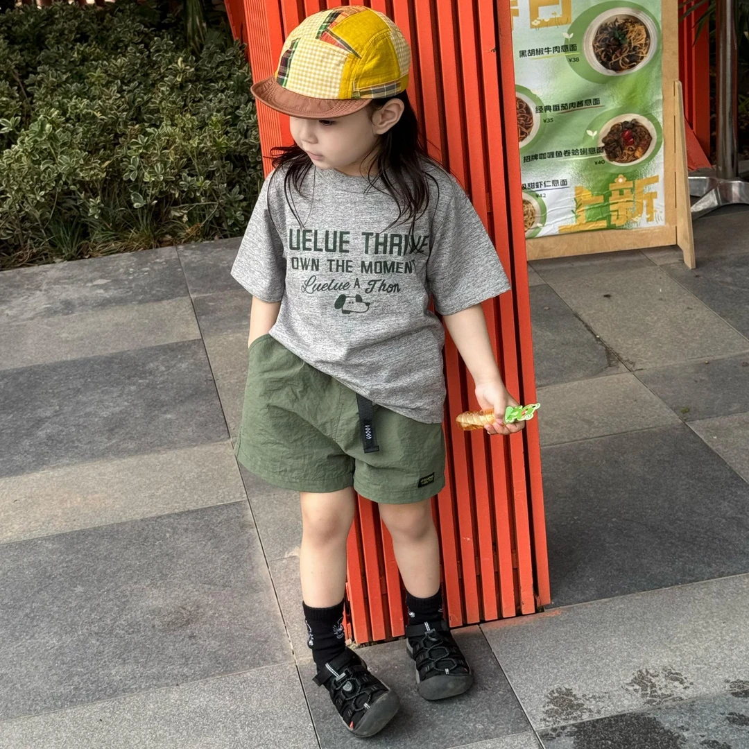 小思家女童2025夏季韩版休闲百搭满印卡通短袖T恤军绿五分短裤