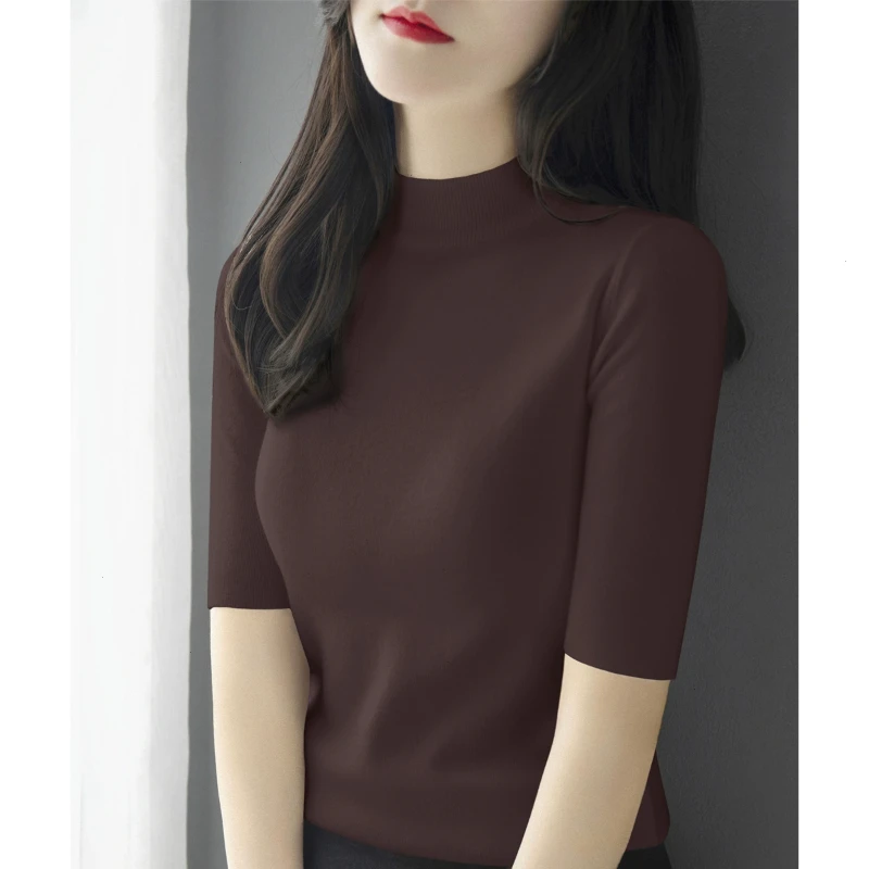 2025秋季新款女装深棕色修身中袖上衣时尚半高领五分袖针织打底衫