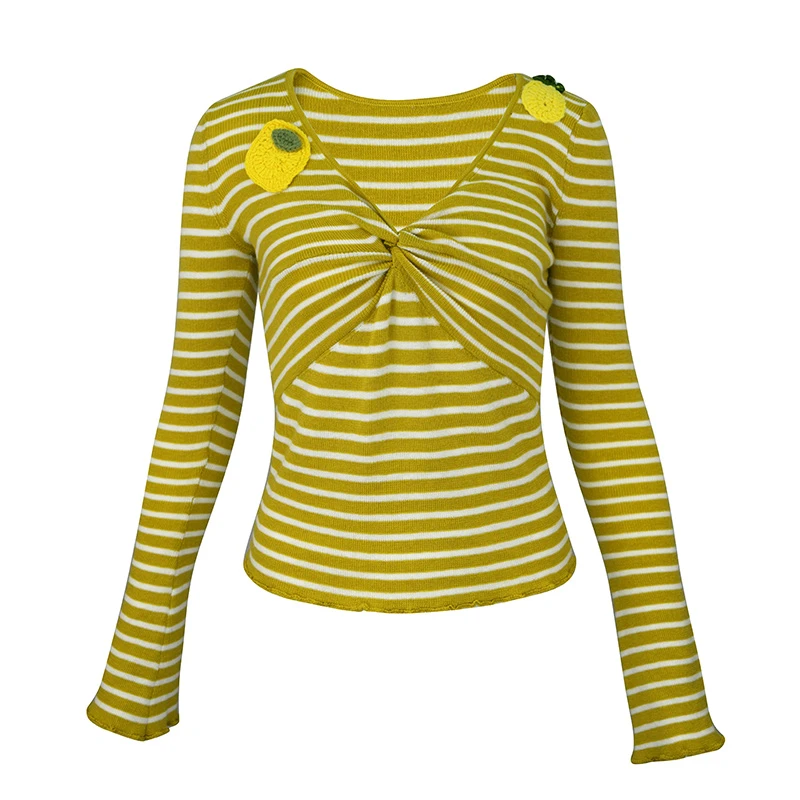 JUNGLE ME气质交叉V领条纹长袖女春季新款柠檬刺绣设计针织