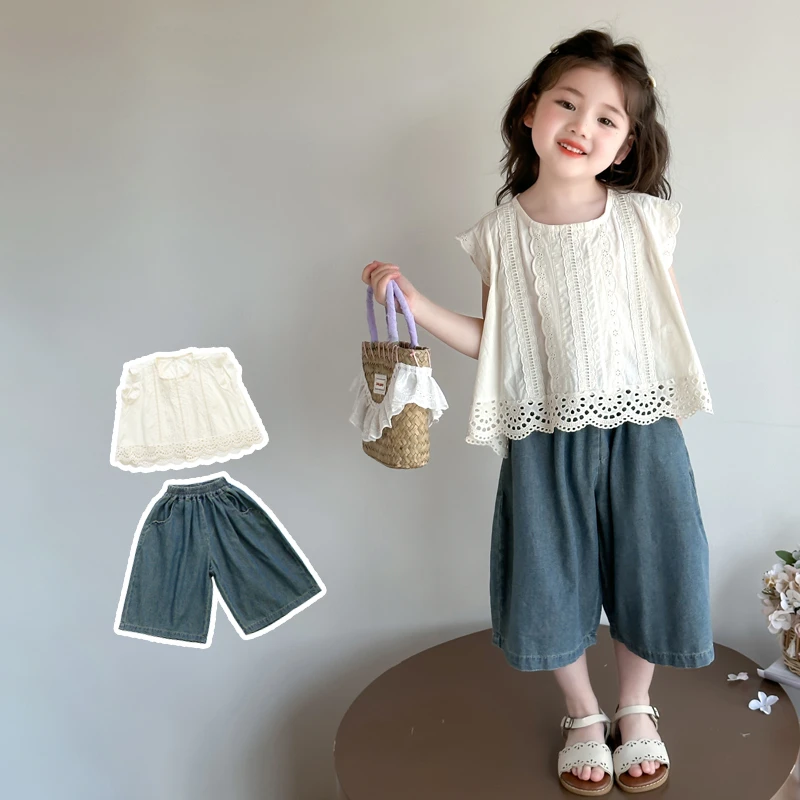 女童洋气镂空花边娃娃衫套装夏季2025新款儿童韩版小女孩两件套潮
