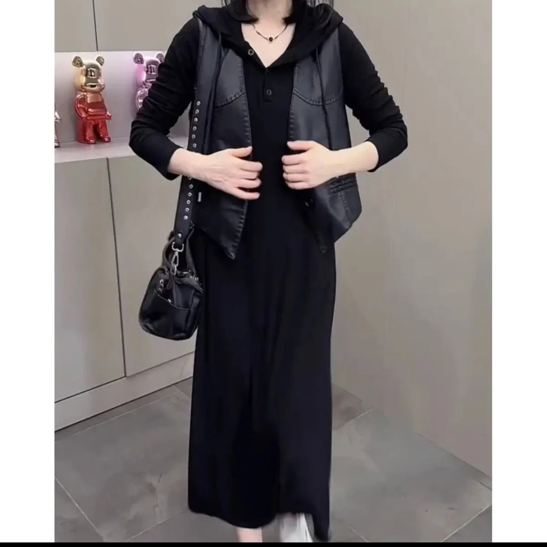 《大亭家》秋季新款时尚显瘦气质洋气女马甲裙子宽松大码两件套2303