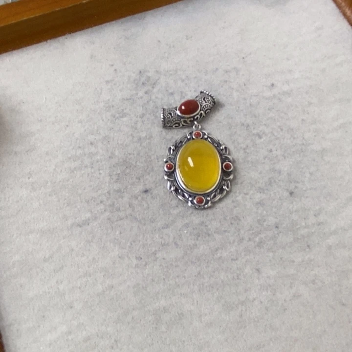 蜜蜡裸石银S925镶嵌吊坠