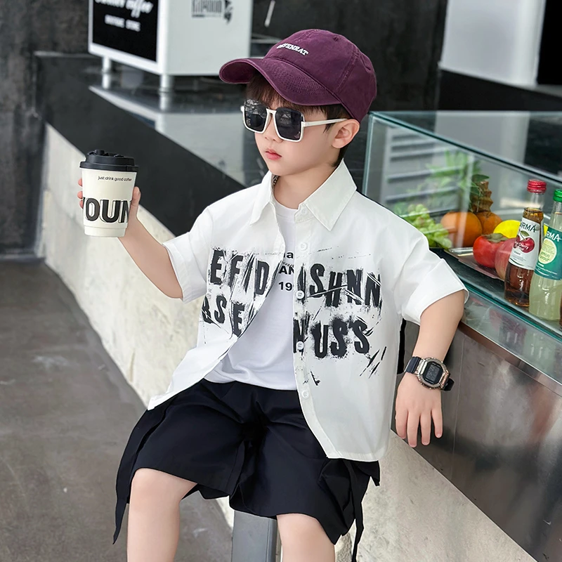 儿童夏装短袖套装男童2025新款洋气宝宝夏季薄款男孩帅气时髦衬衫