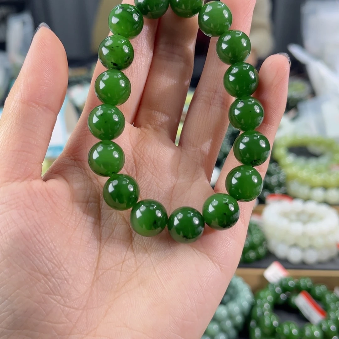 和田玉未镶嵌手链纯天然和田玉12mm俄料碧玉辣阳绿圆珠