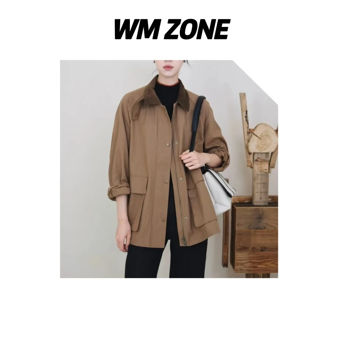 虎儿 3-11-3086 棉麻帆布撞色领风衣外套