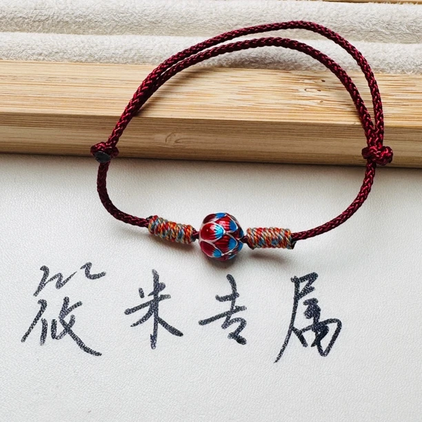 925银布艺手链 红蓝莲花红绳925银手链d490 md