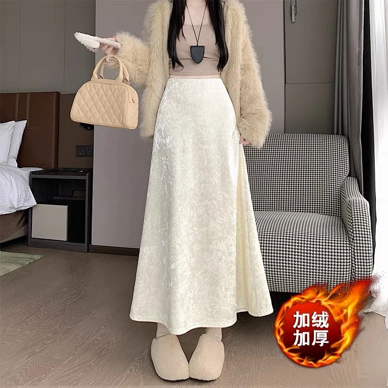 加绒加厚金丝绒半身裙女秋冬高腰包臀中长款鱼尾长裙子配大衣冬裙