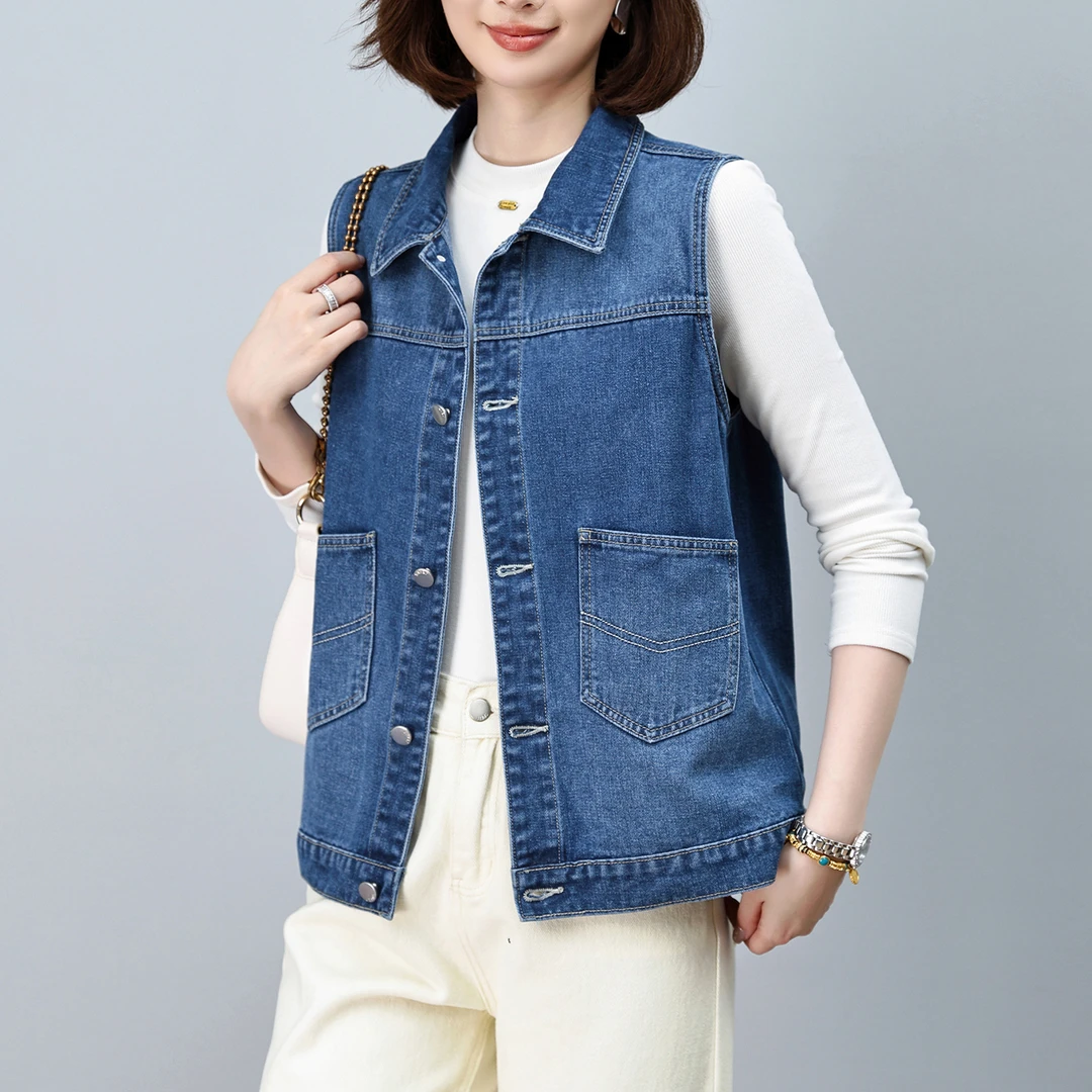 韩版时尚大码牛仔马甲女春秋新款宽松百搭小个子无袖坎肩背心上衣