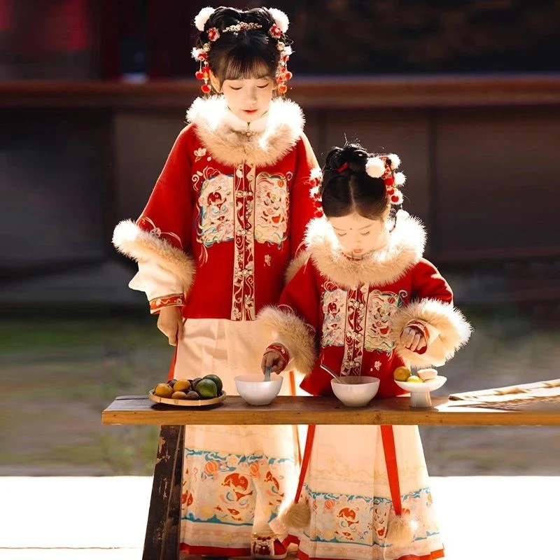 冬季女童汉服唐装拜年加绒儿童古装新年加厚宝宝过年