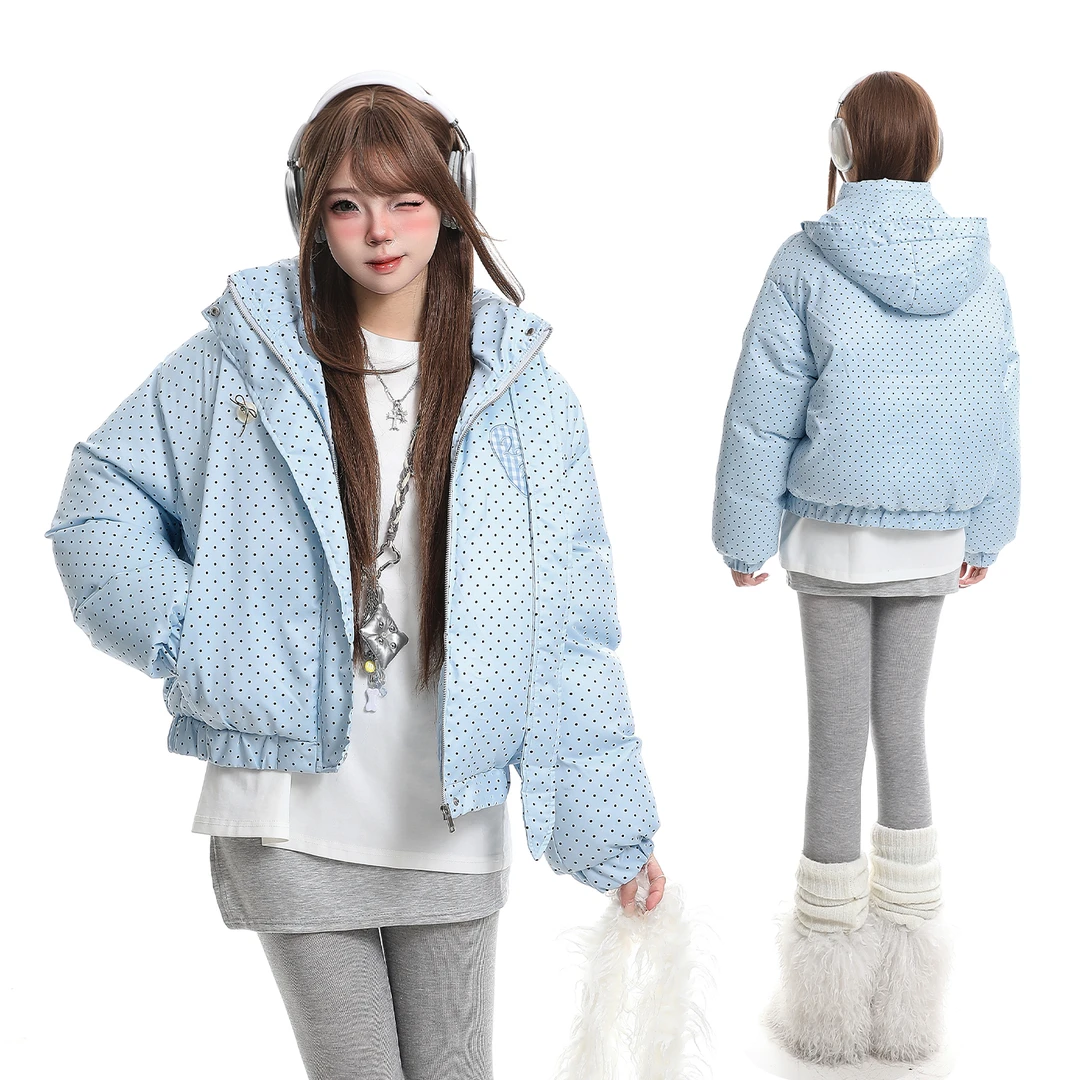 韩系甜美波点毛领连帽棉服外套女冬季设计感加厚保暖巨好看面包服