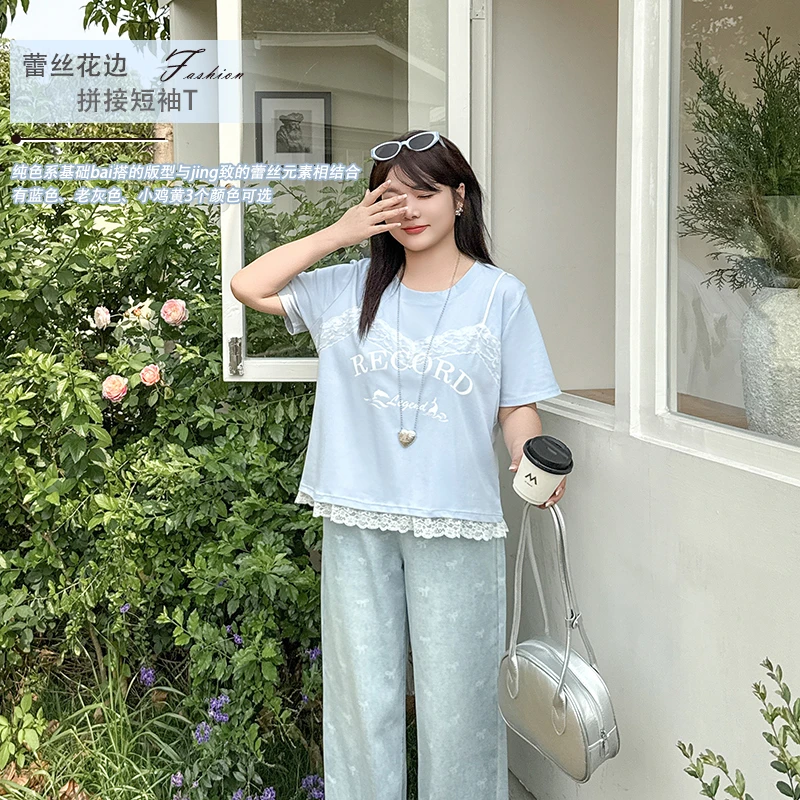 【霏霏专属】大码女装胖妹妹加肥显瘦蕾丝花边撞色拼接短袖T-BK062