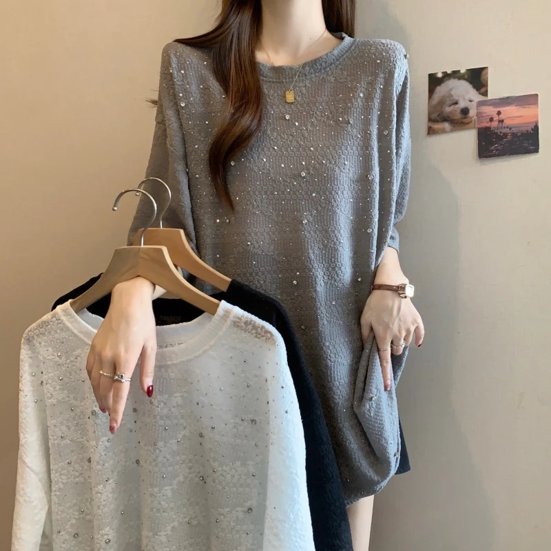 大码胖MM夏季新款圆领大版宽松满天星重工钉钻短袖上衣T恤