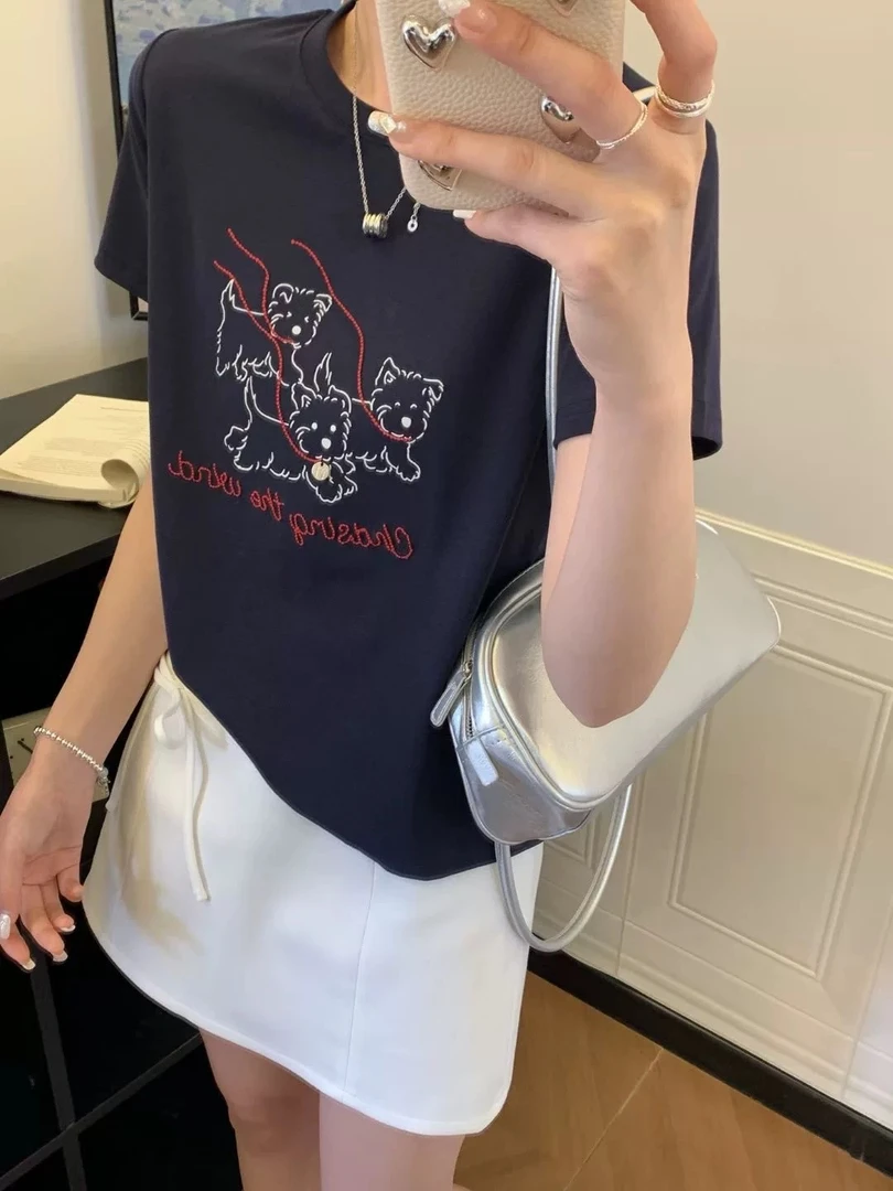 （红线小狗）2025春季新款女圆领卡通字母刺绣显瘦百搭短袖T恤C591