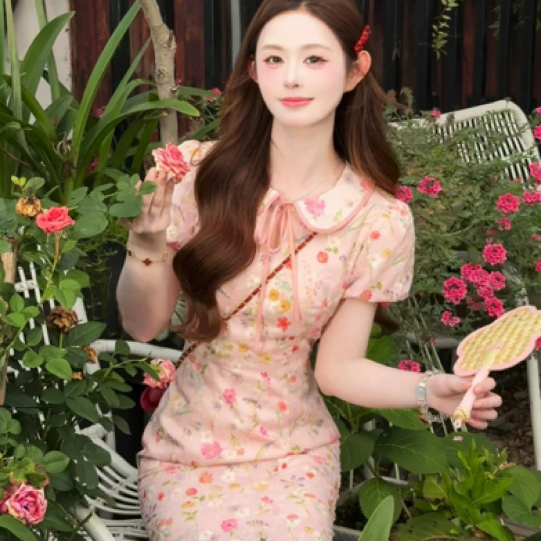 【张开心】漫花海～新中式翻领碎花印花旗袍连衣裙夏日绝美小裙子