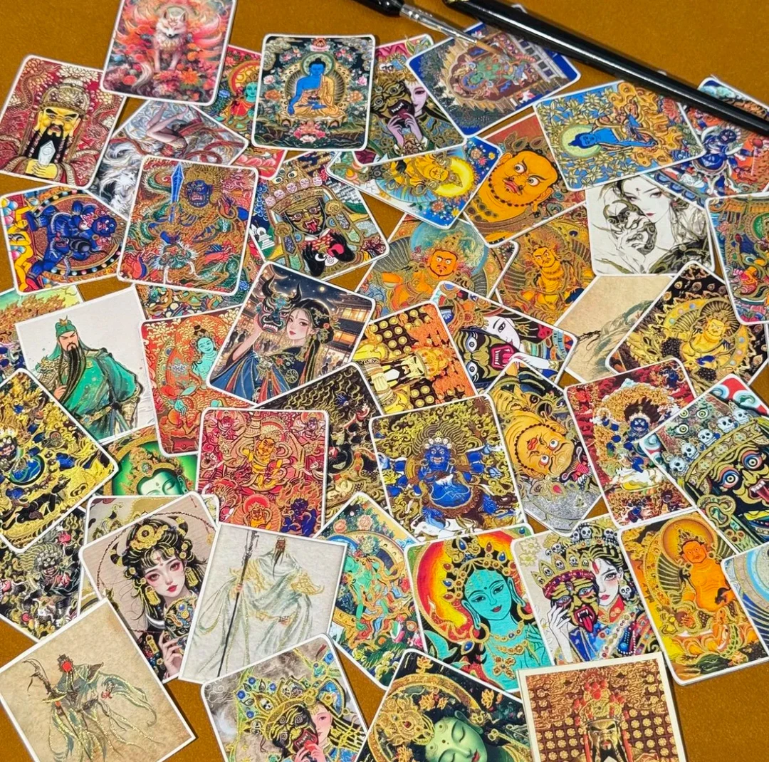 钛钢吊坠 凤锦唐卡半手绘画芯4x5彩色古风