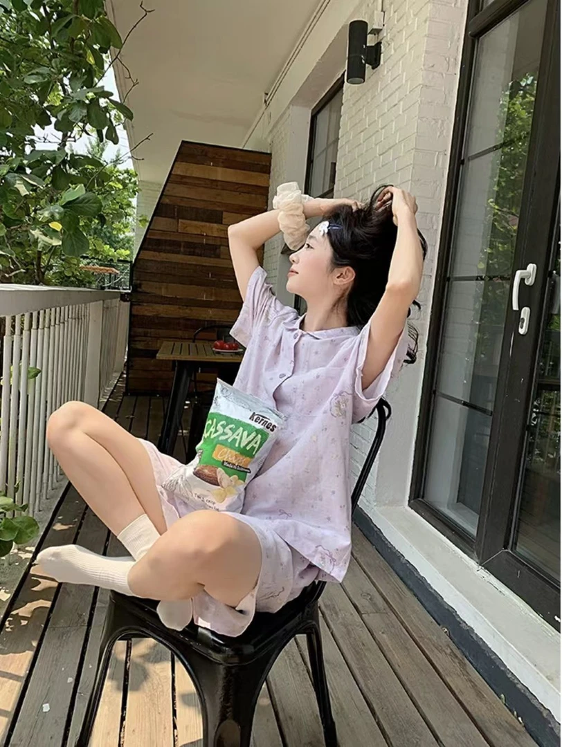 夏季紫色短袖睡衣女网红少女甜美韩版ins薄款卡通休闲家居服套装