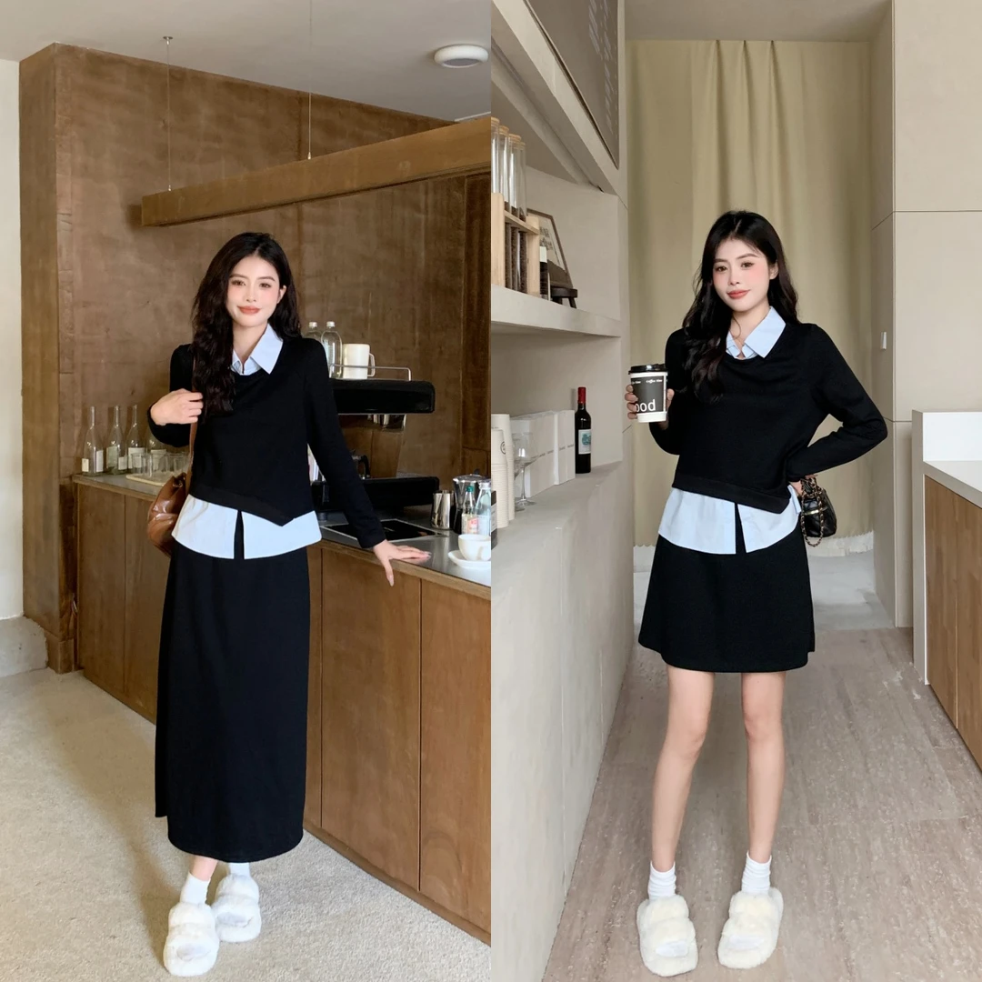 5005-早秋新款胖MM大码女装秋款假两件上衣+半身裙两件套