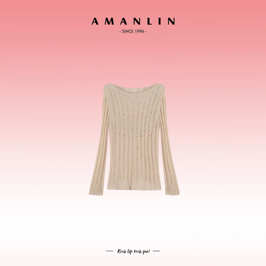 AMANLIN/阿谩琳欧若风设计感破洞钉珠套头圆领针织衫上衣Y596017