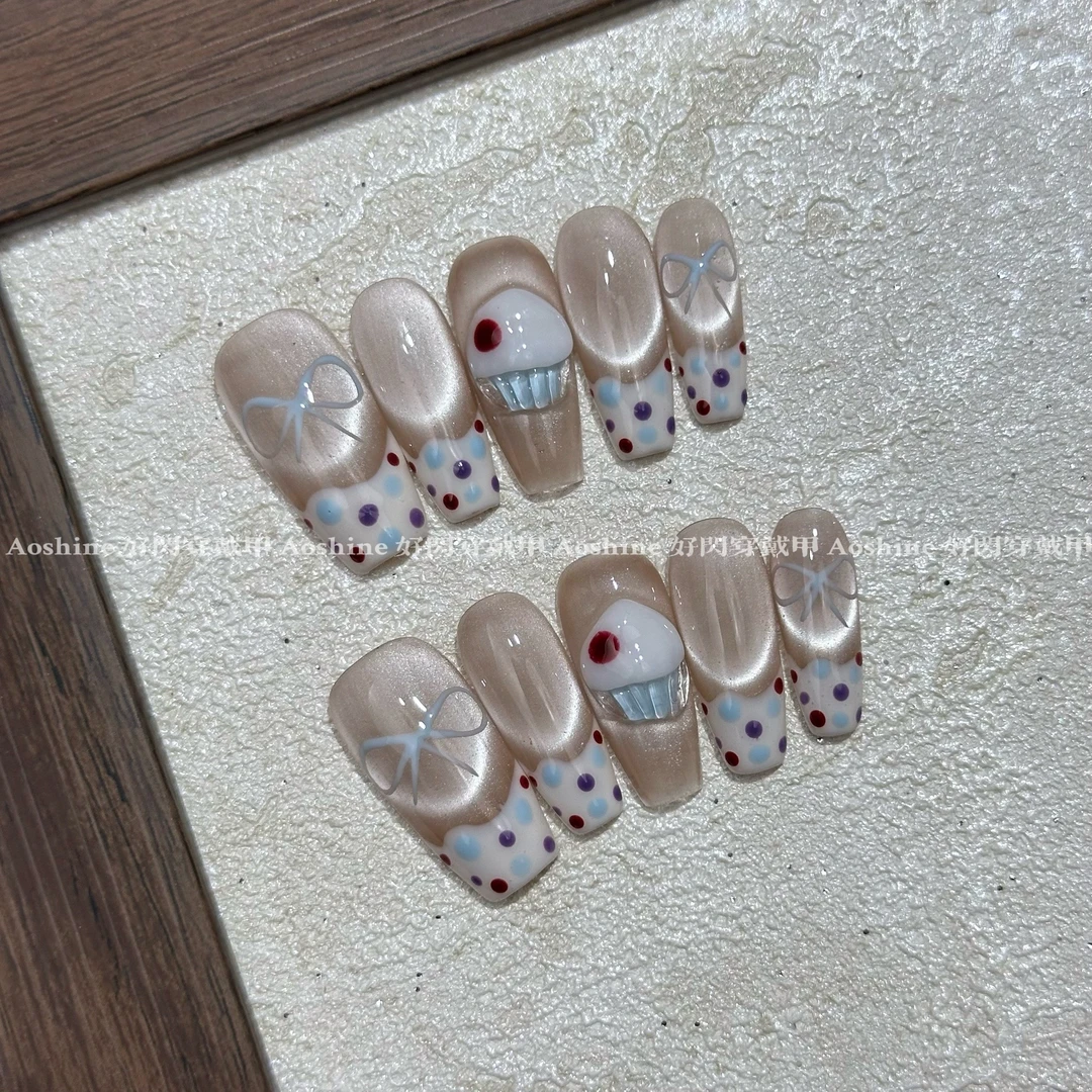 硬糖少女 | 春款系猫眼手绘款短甲小清新手工穿戴甲