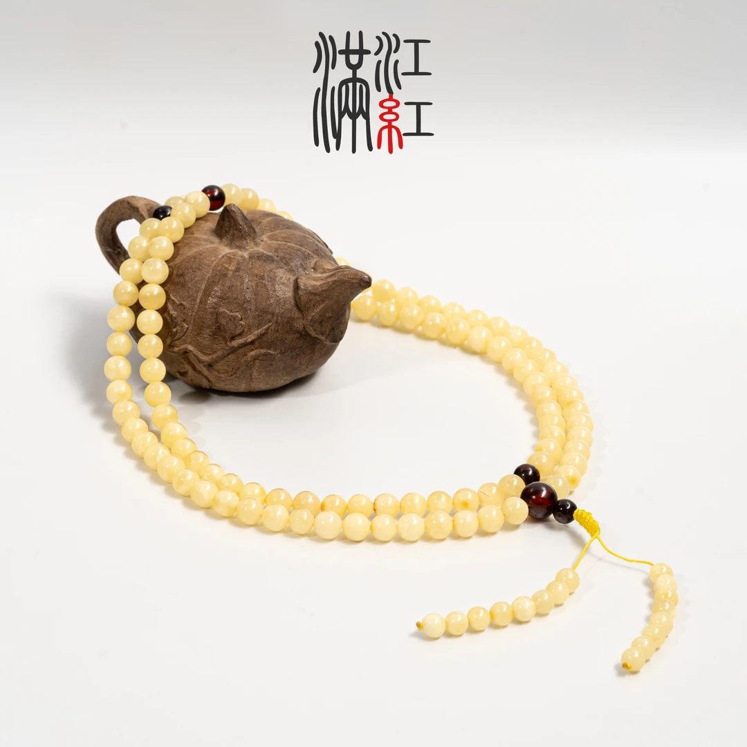满江红 天然原矿俄罗斯蜜蜡 长串108/圆珠卡6mm/20.6g Z38