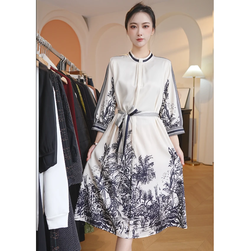 L769高档时尚印花气质春季连衣裙2025新款收腰显瘦法式裙子