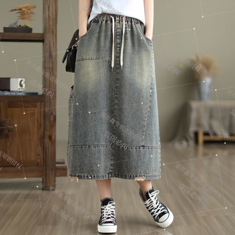 春秋新款宽松时尚拼接牛仔裙女高腰显瘦大码松紧腰A字裙半身裙女