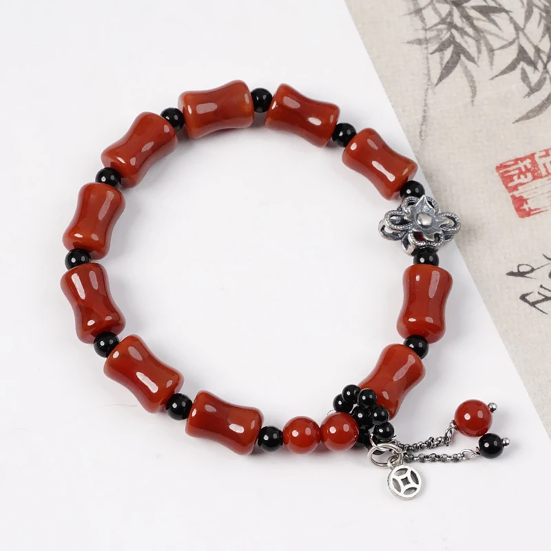 天然红玛瑙手链单圈圆珠转珠红色国风手串中国风复古时尚-8955