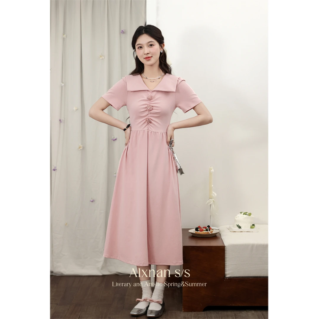 「清桃半盏」法式V领连衣裙气质通勤显瘦裙子QYM002125