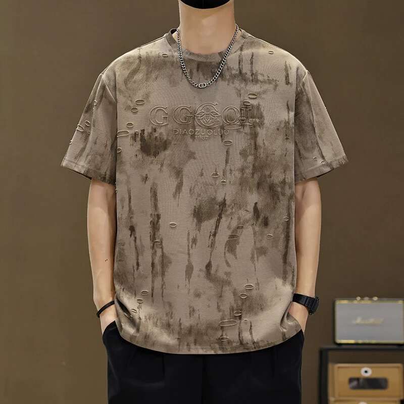 【高品质 】夏季钢印短袖t恤男款美式复古印花半袖男潮流 26028 A