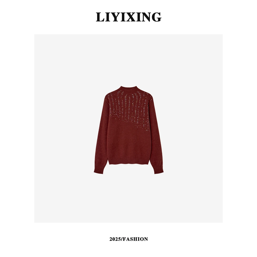 【李易行】新款重工星空烫钻立领针织毛衣冬季通勤休闲百搭上衣L335
