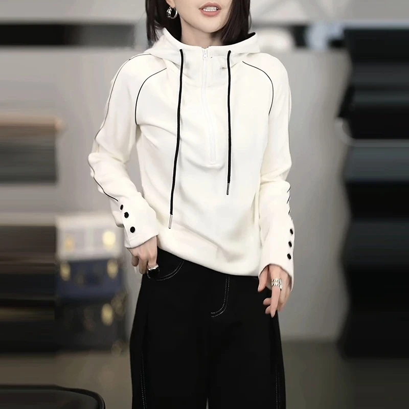 高级半拉链连帽卫衣女2025秋冬季新款时尚宽松显瘦打底长袖上衣潮